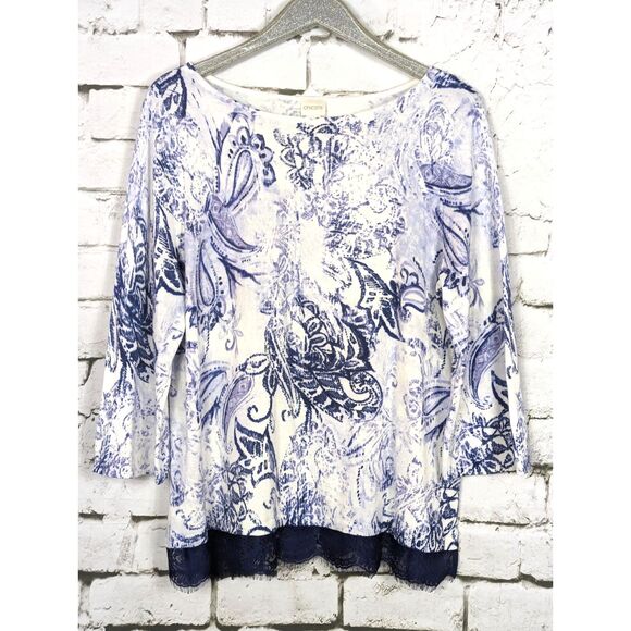 CHICO'S Lace Trim Knit Pullover Paisley Floral Boho Cottage Size 3 (XL/16) - Picture 1 of 9